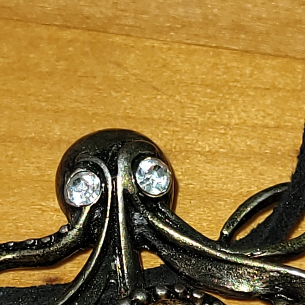 Vintage Silver Tone Octopus Pendant Necklace Rhinestone Eyes Black Cord 16"